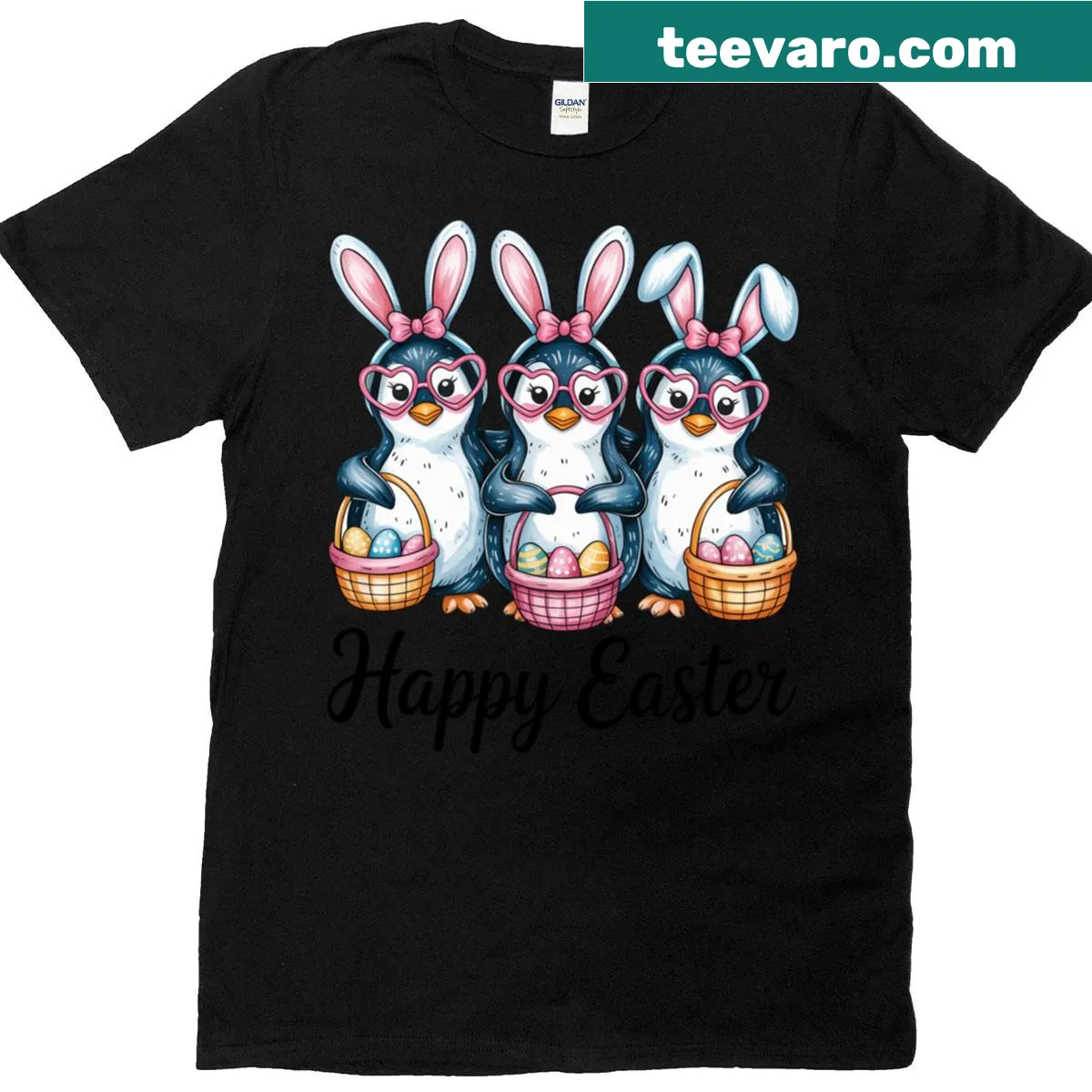 Easter T-shirt featuring bunny penguins on an egg hunt — on a men's t-shirt