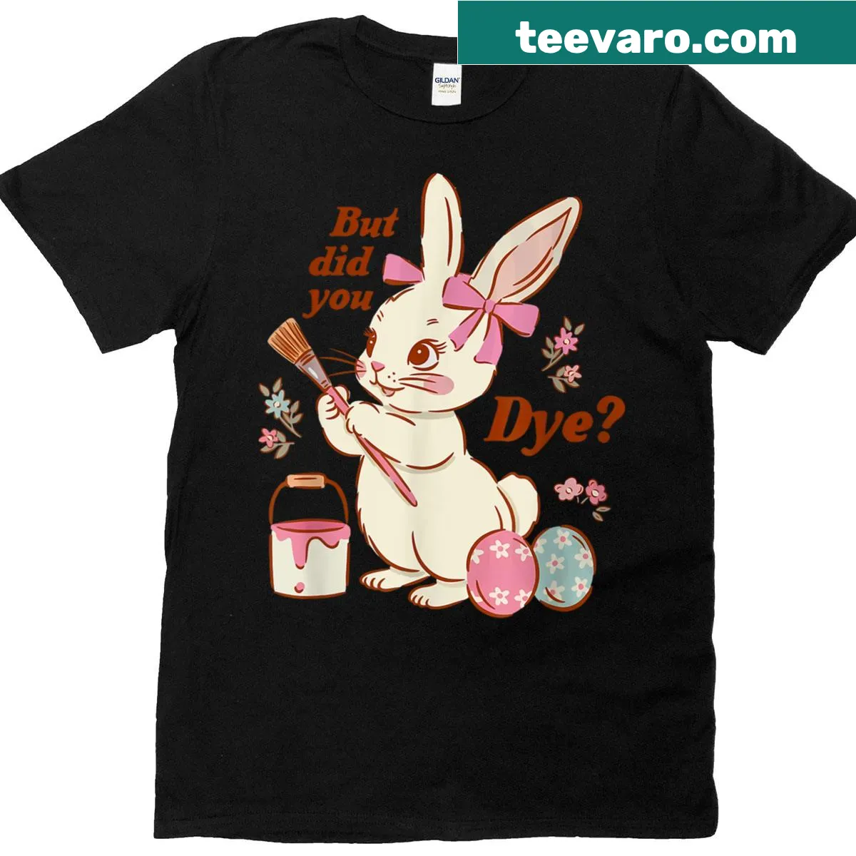 Humorous Easter t-shirt with bunny illustration and playful text — on a men's t-shirt