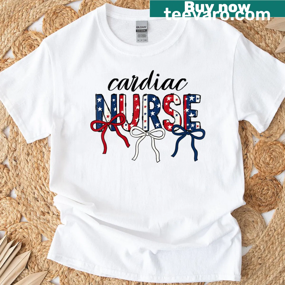 Patriotic t-shirt for cardiac nurses with a USA theme and a bow graphic — on a men's t-shirt
