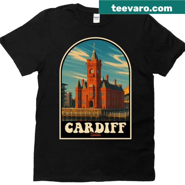 Vintage illustration of Cardiff's red clock tower on a t-shirt