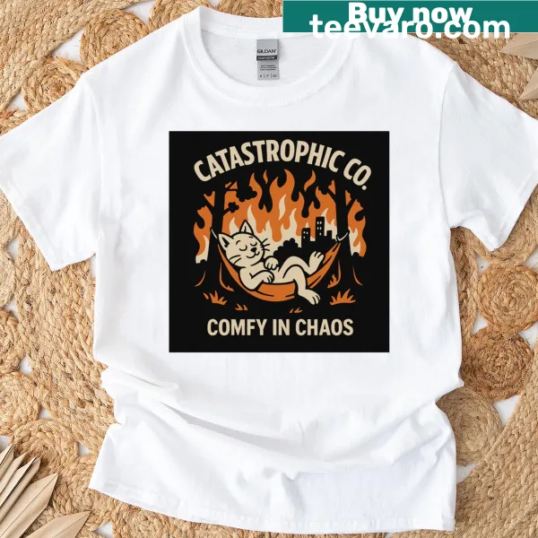 T-shirt depicting playful cats in humorous, chaotic scenarios
