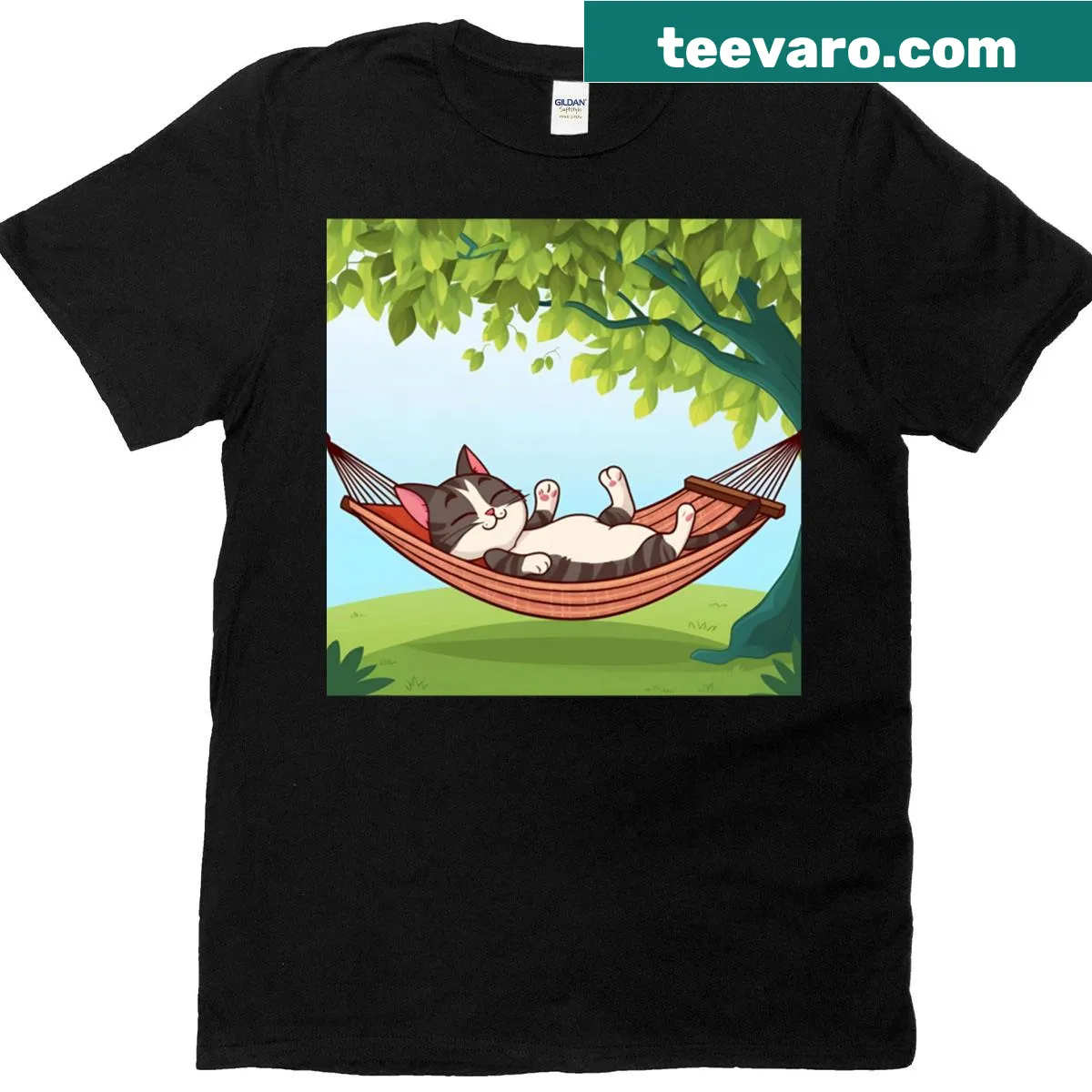 T-shirt featuring a cat sleeping in a hammock — on a men's t-shirt