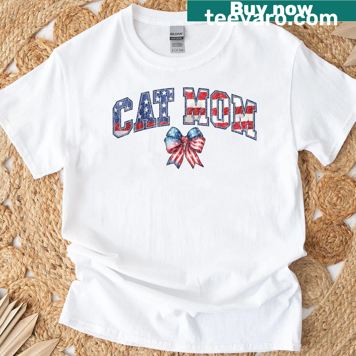 Illustration of cat with coquette bow for Cat Mom design — on a men's t-shirt