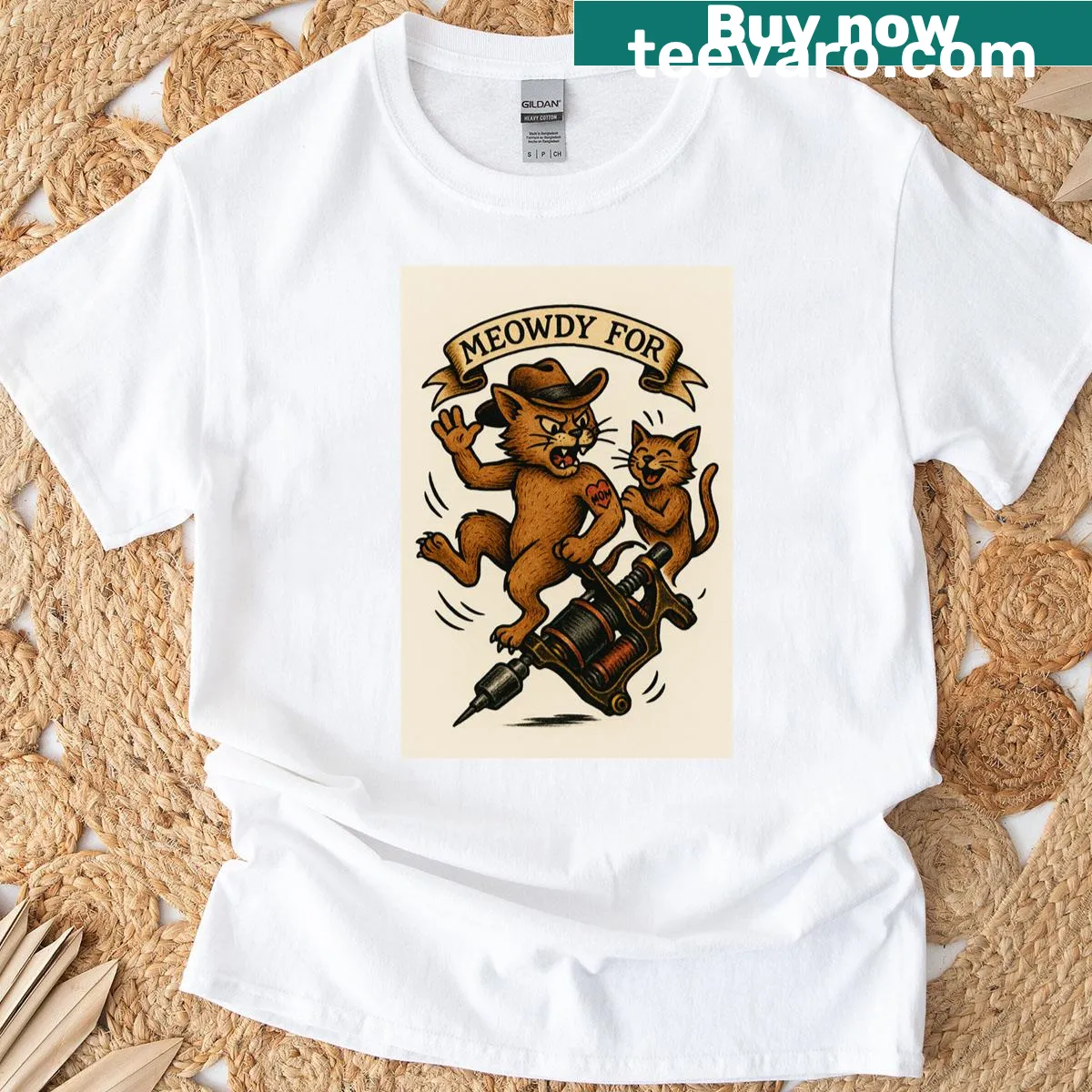 T-shirt featuring a charming cat tattoo design — on a men's t-shirt