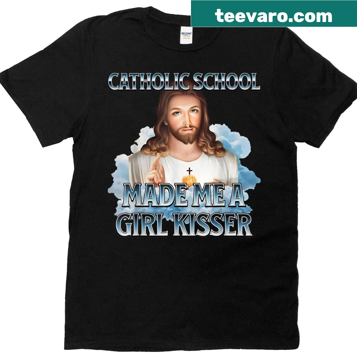 Humorous T-shirt featuring a quote about Catholic school experiences — on a men's t-shirt