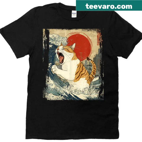 Kawaii Catzilla vintage cat illustration on a T-shirt