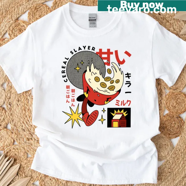 Anime-style cereal bowl graphic on a playful shirt