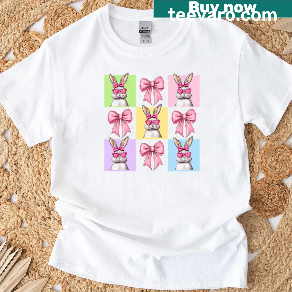 Checkered design with coquette Easter bunny on T-shirt — on a men's t-shirt