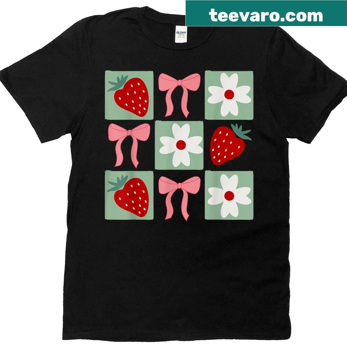 Whimsical t-shirt with a checkered strawberry design and bow — on a men's t-shirt