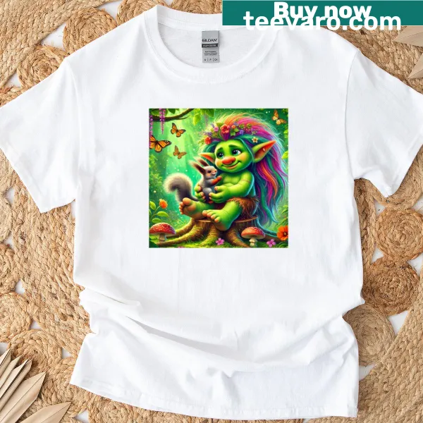 Playful troll illustration in a magical forest on T-shirt
