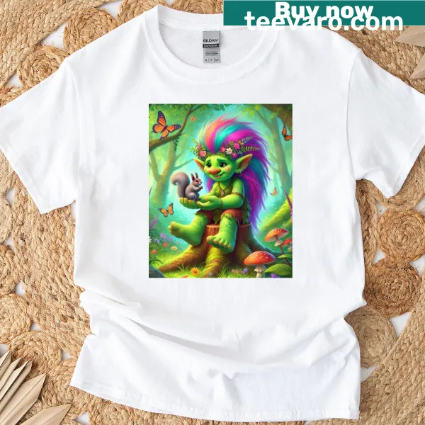 T-shirt with a whimsical troll in a magical forest