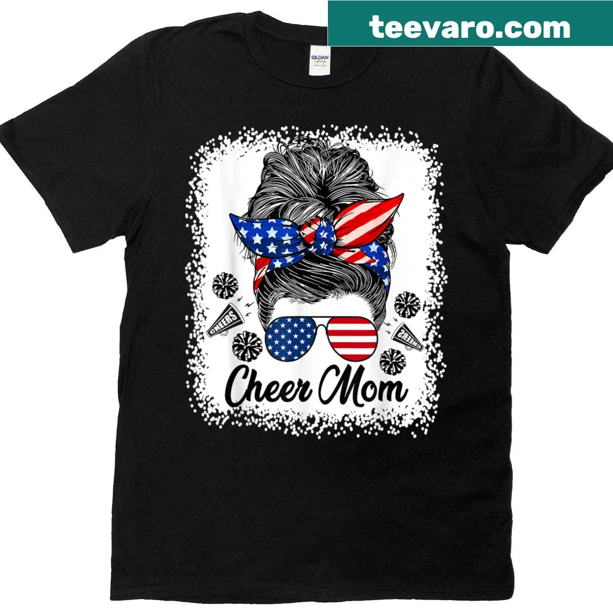 Patriotic t-shirt with messy bun mom and USA flag design — on a men's t-shirt
