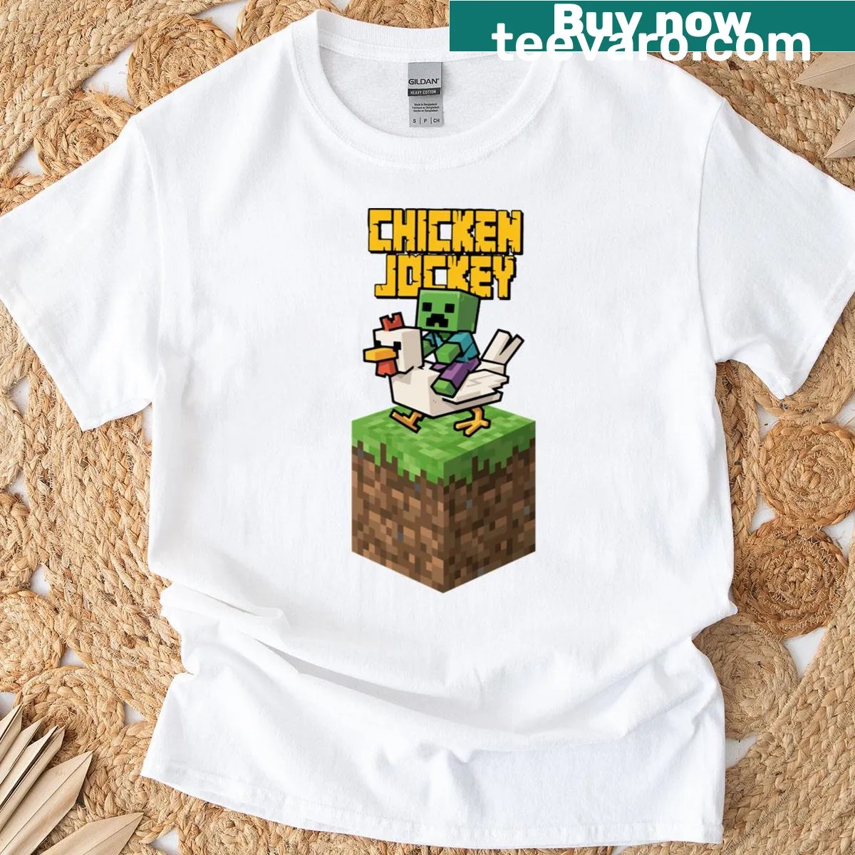 Cartoon chicken jockey graphic on a humorous shirt — on a men's t-shirt