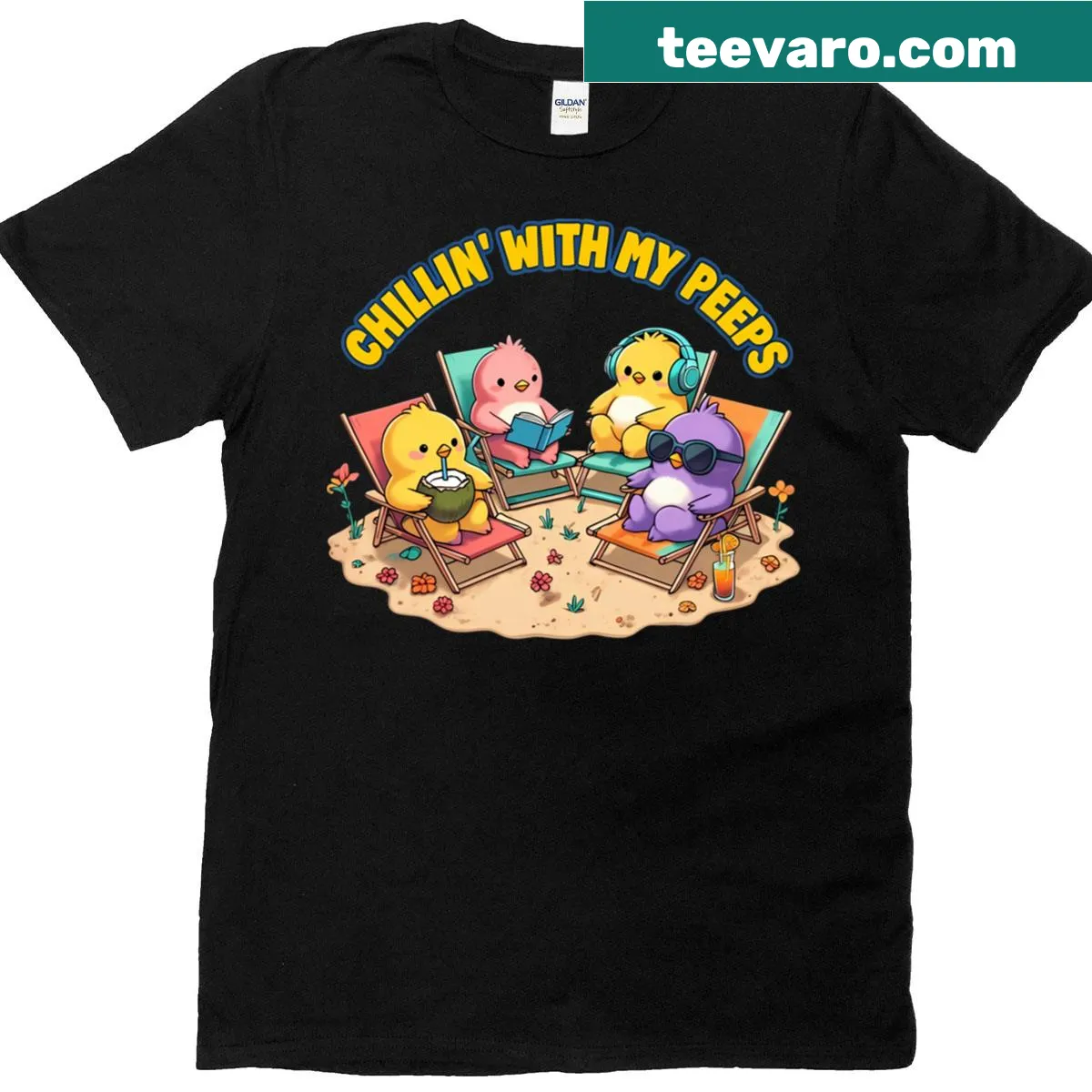 Cute Easter chicks on a beach in a fun design t-shirt — on a men's t-shirt