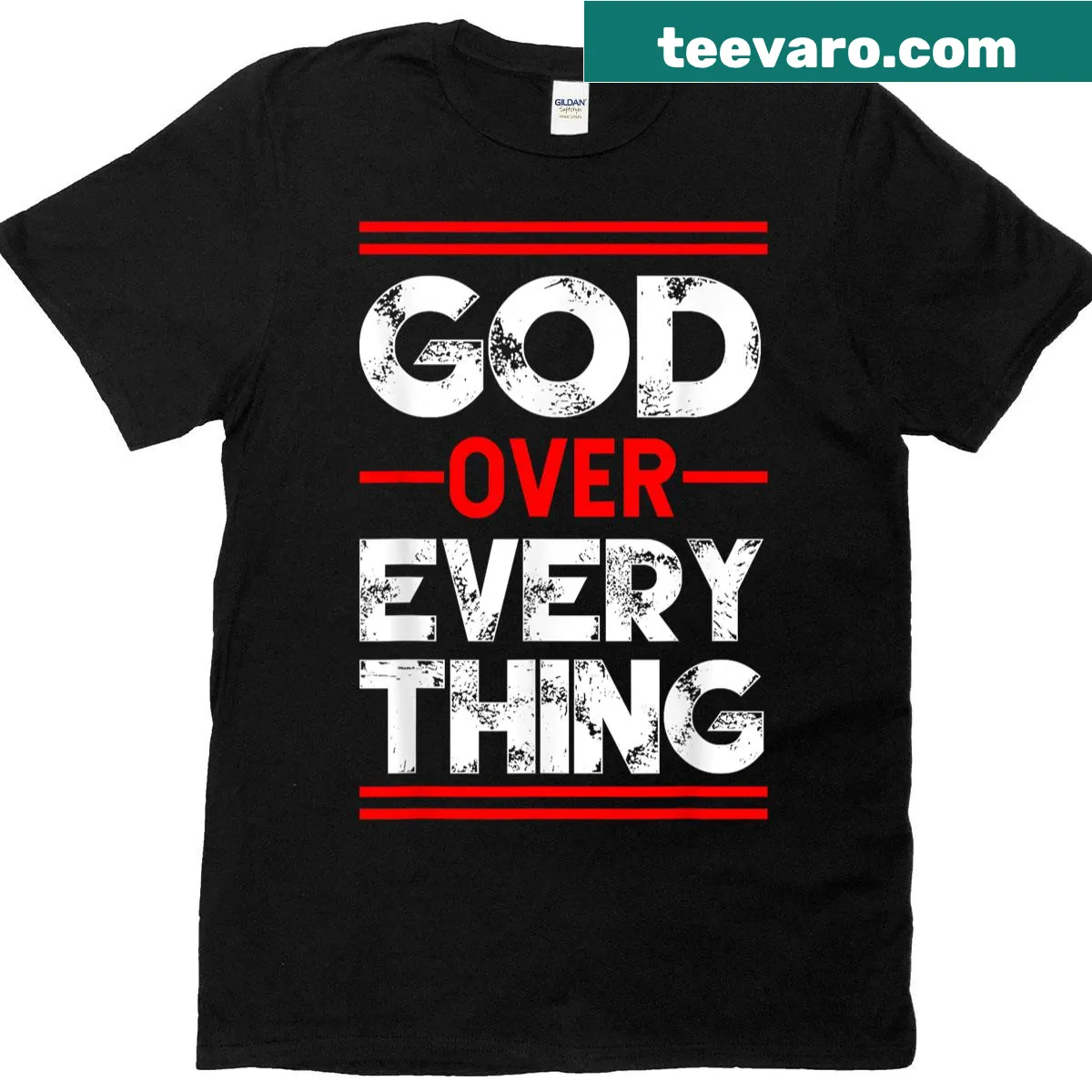 Typographic design proclaiming 'God Over Everything' t-shirt — on a men's t-shirt