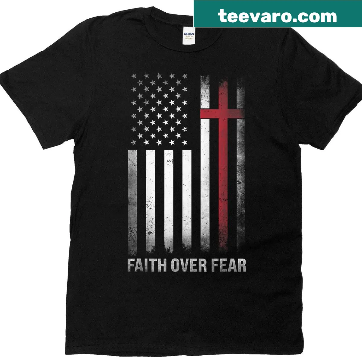 Cross and USA flag design with 'Faith Over Fear' text t-shirt — on a men's t-shirt