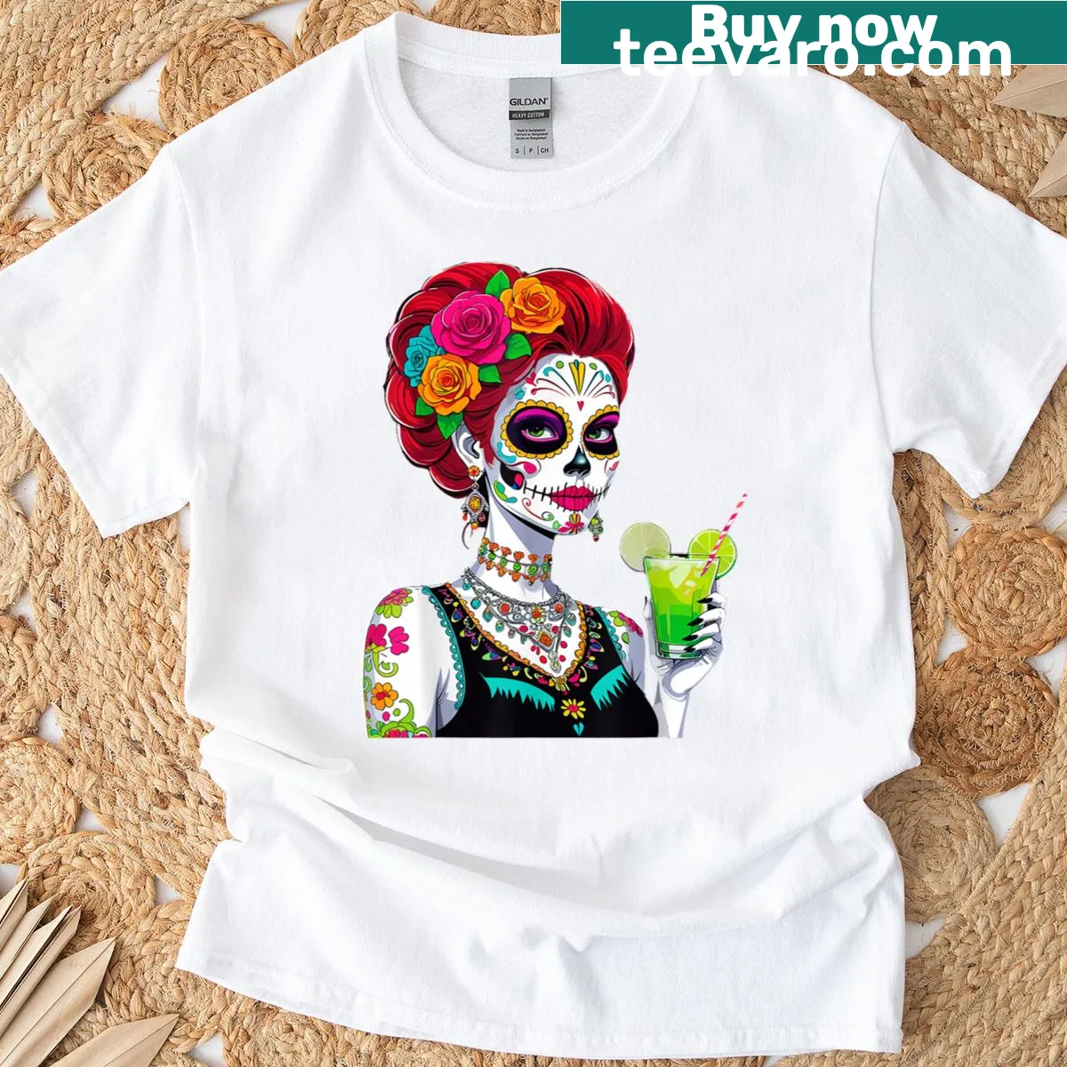 Sugar skull and margarita graphic for Cinco De Mayo T-shirt — on a men's t-shirt