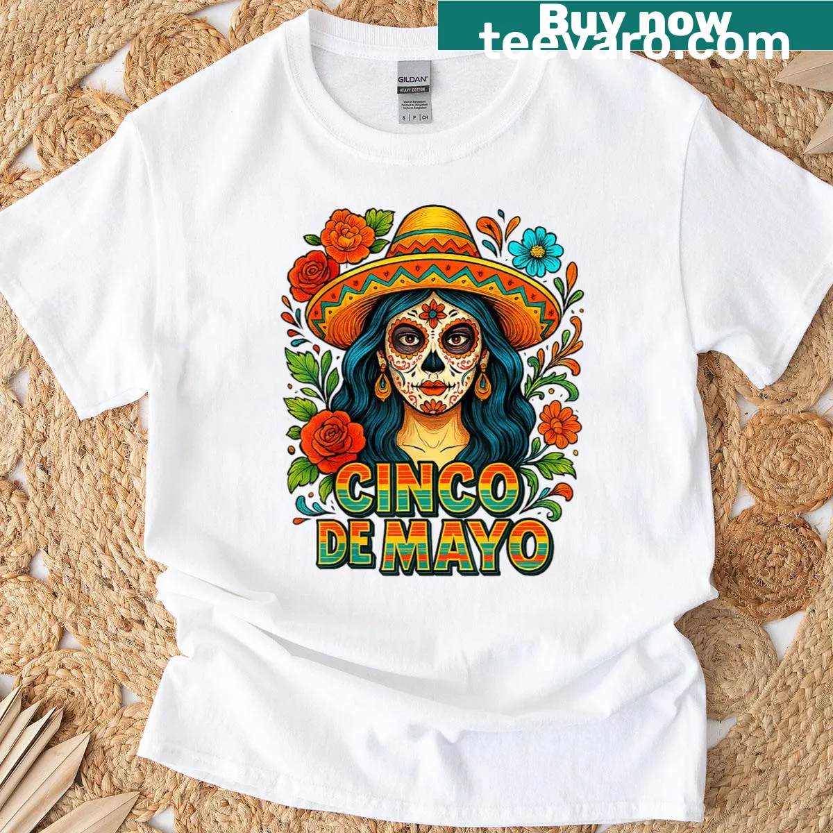 Sugar skull with sombrero graphic for Cinco De Mayo T-shirt — on a men's t-shirt