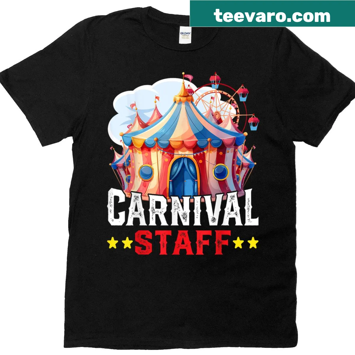 T-shirt featuring playful circus staff graphics for carnival crew — on a men's t-shirt