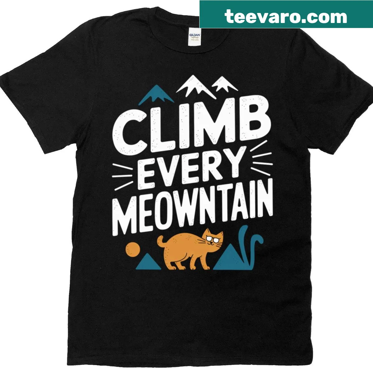 Typography t-shirt with the phrase 'Climb Every Meowntain' for cat lovers — on a men's t-shirt