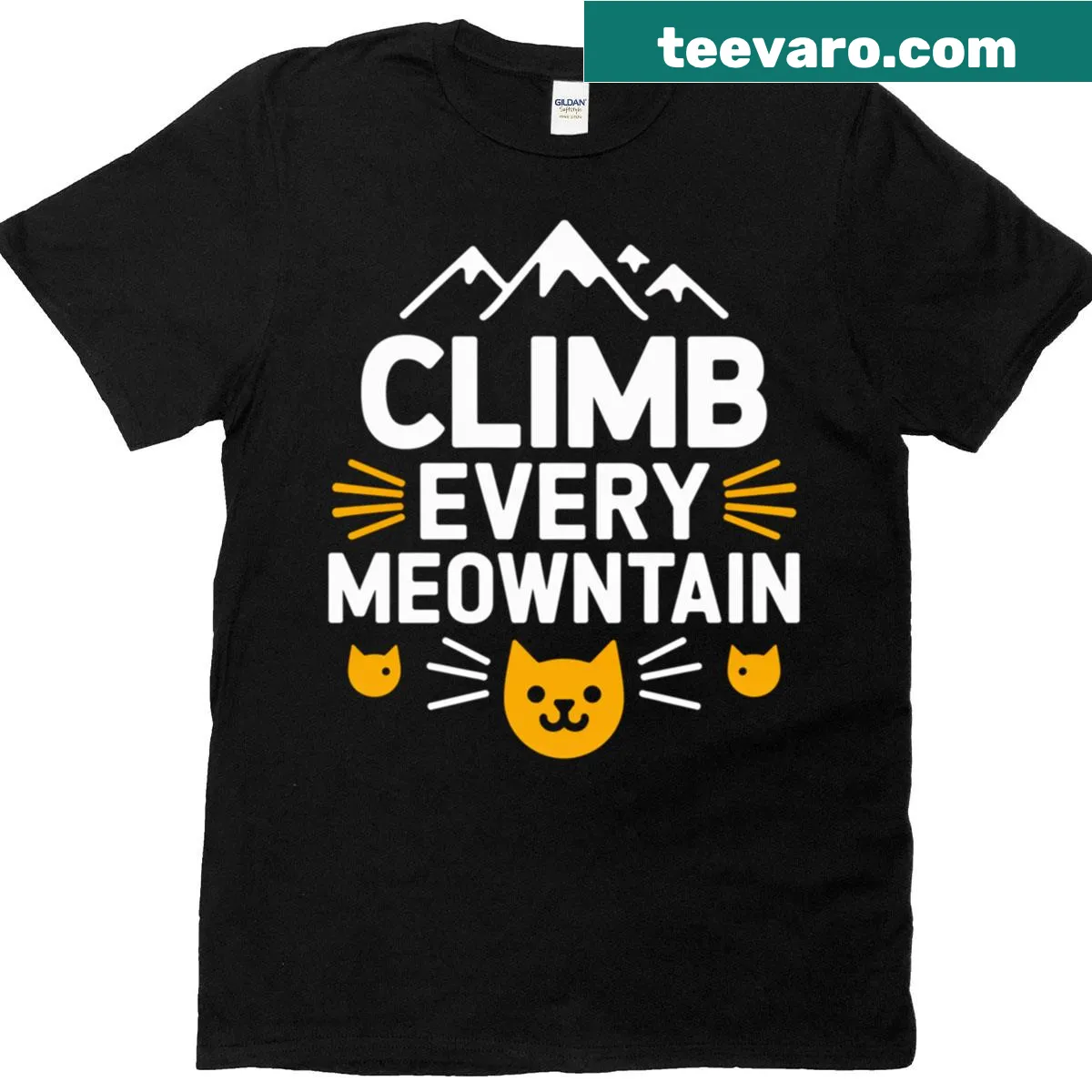 Humorous t-shirt with 'Climb Every Meowntain' phrase for cat lovers — on a men's t-shirt