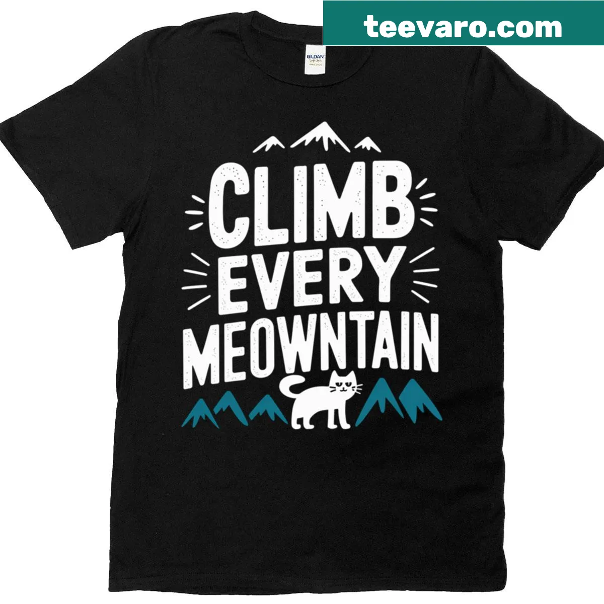 Funny T-shirt with a cat climbing a mountain and humorous text — on a men's t-shirt