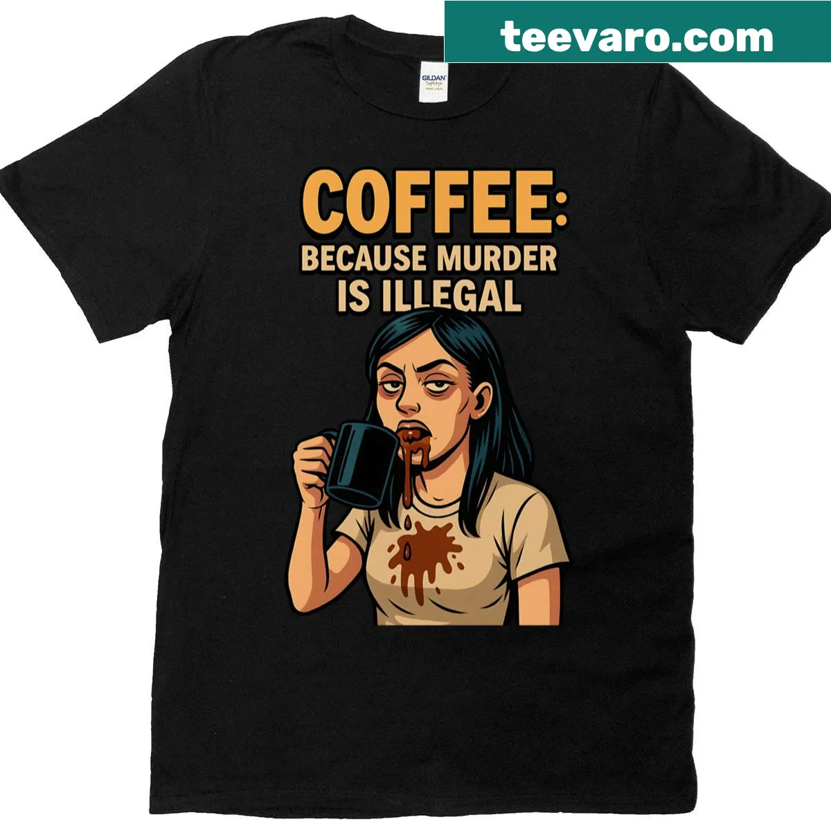 Humorous T-shirt design with coffee theme and dark humor text. — on a men's t-shirt