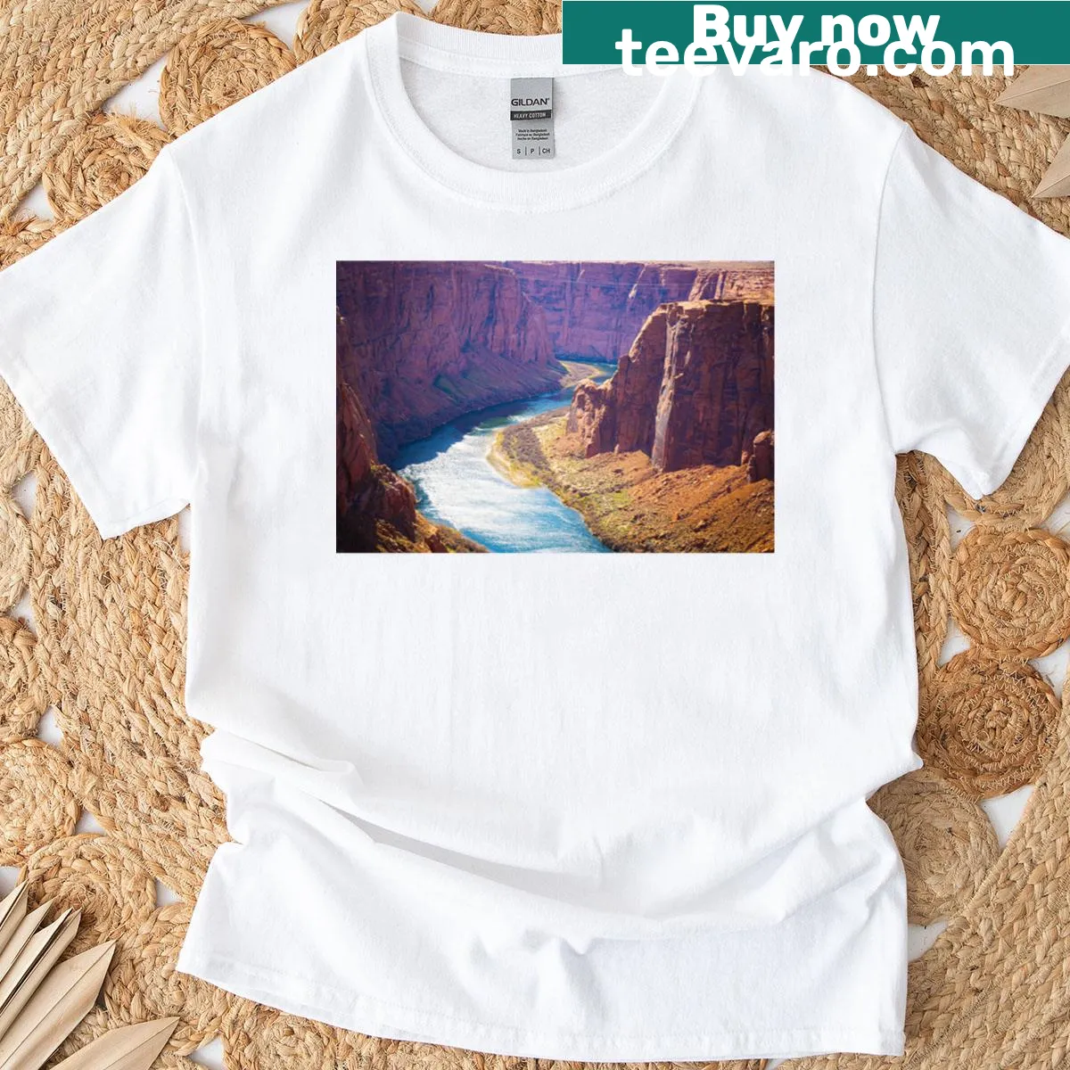 T-shirt featuring a photographic print of the Colorado River in the Grand Canyon — on a men's t-shirt