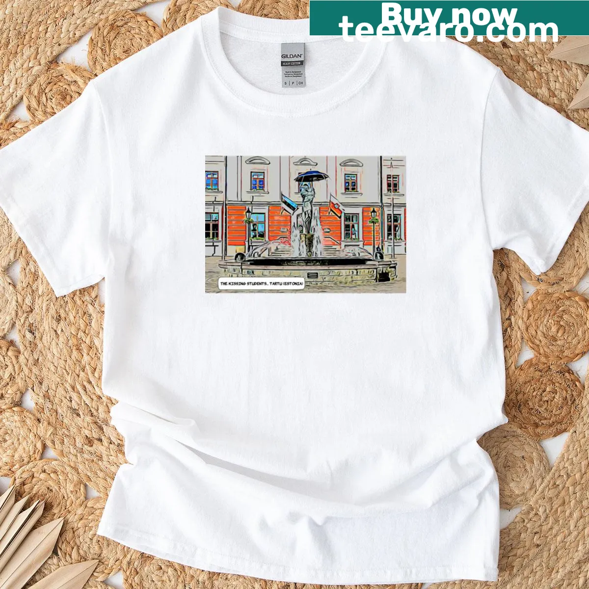 Whimsical student-themed T-shirt featuring a comic scene at Tartu Fountain — on a men's t-shirt