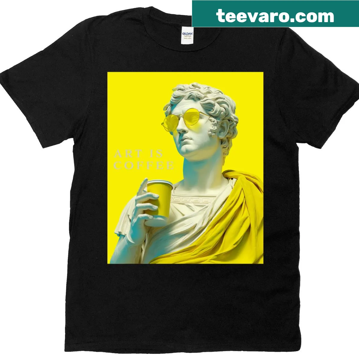 Retro coffee art T-shirt with statue graphic — on a men's t-shirt