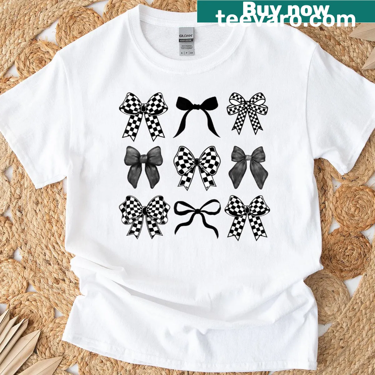 Cute T-shirt design with checkered flag and bow for racing fans — on a men's t-shirt