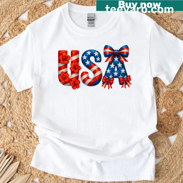 Floral and bow design with American flag elements on a t-shirt.