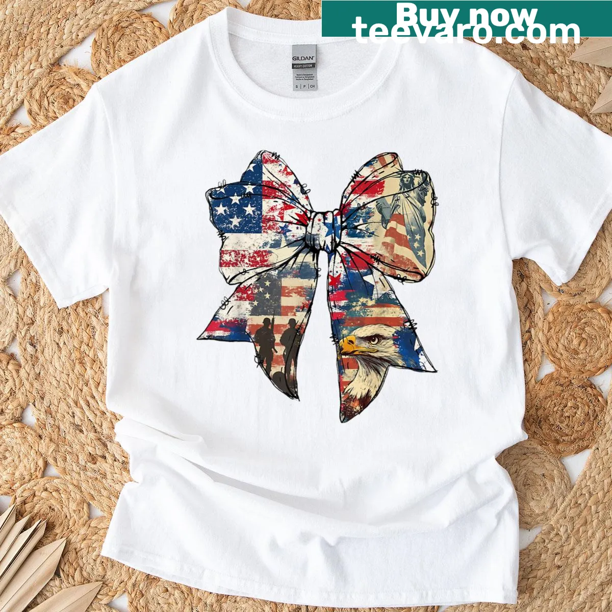 Patriotic T-shirt featuring a stylish bow design in red, white, and blue — on a men's t-shirt