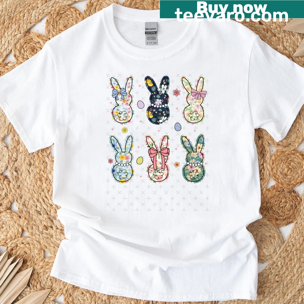 Cute Easter Bunny T-shirt with floral design accents — on a men's t-shirt