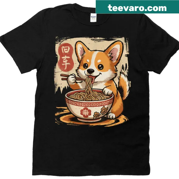 Cartoon T-shirt featuring a corgi eating ramen