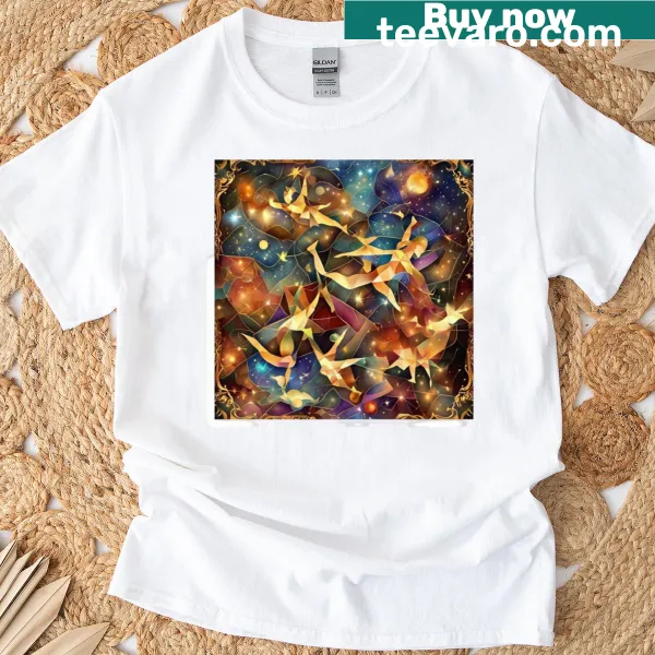 Enchanted circus-themed T-shirt featuring cosmic performers and vibrant creatures