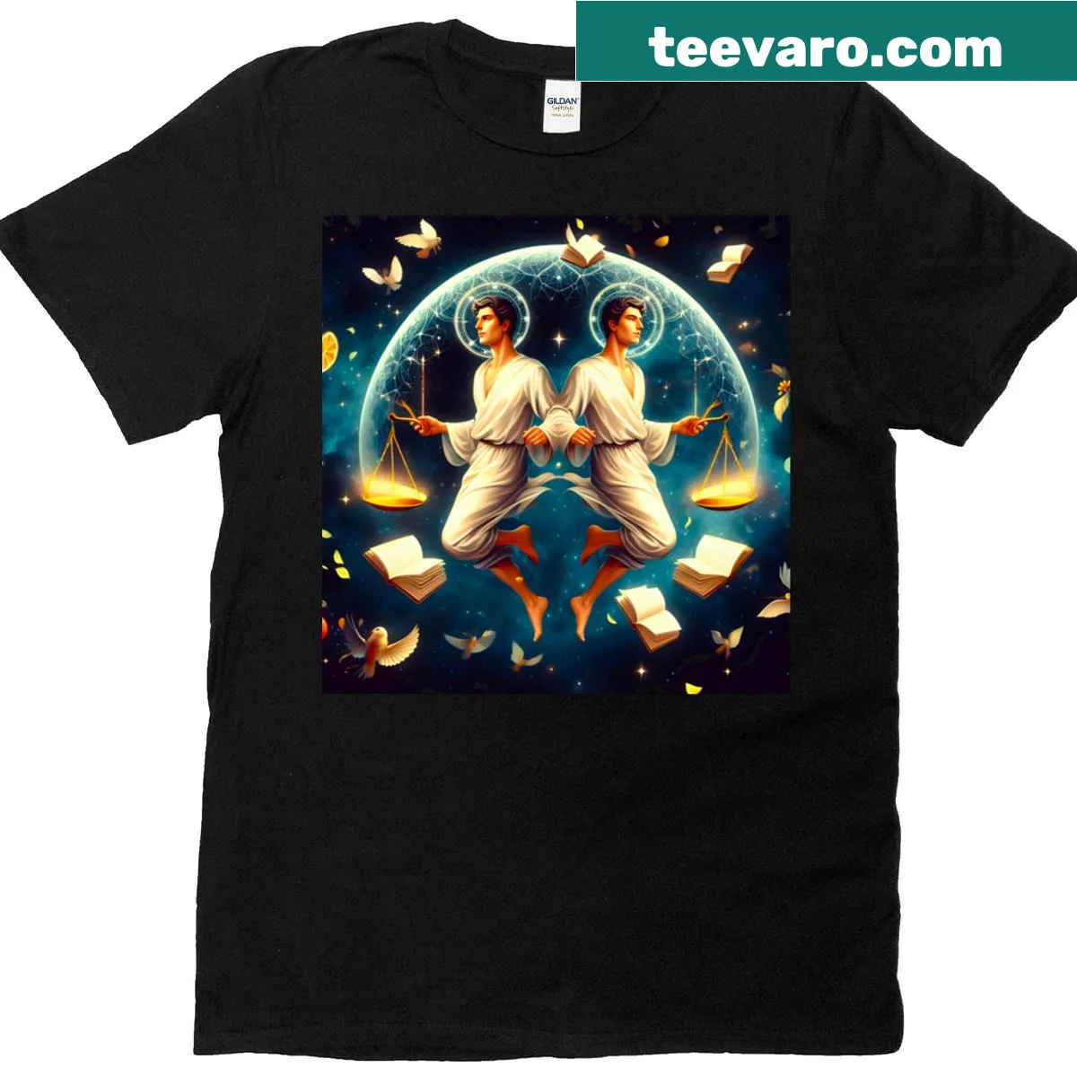 Oversized T-shirt with cosmic guardians and justice theme — on a men's t-shirt