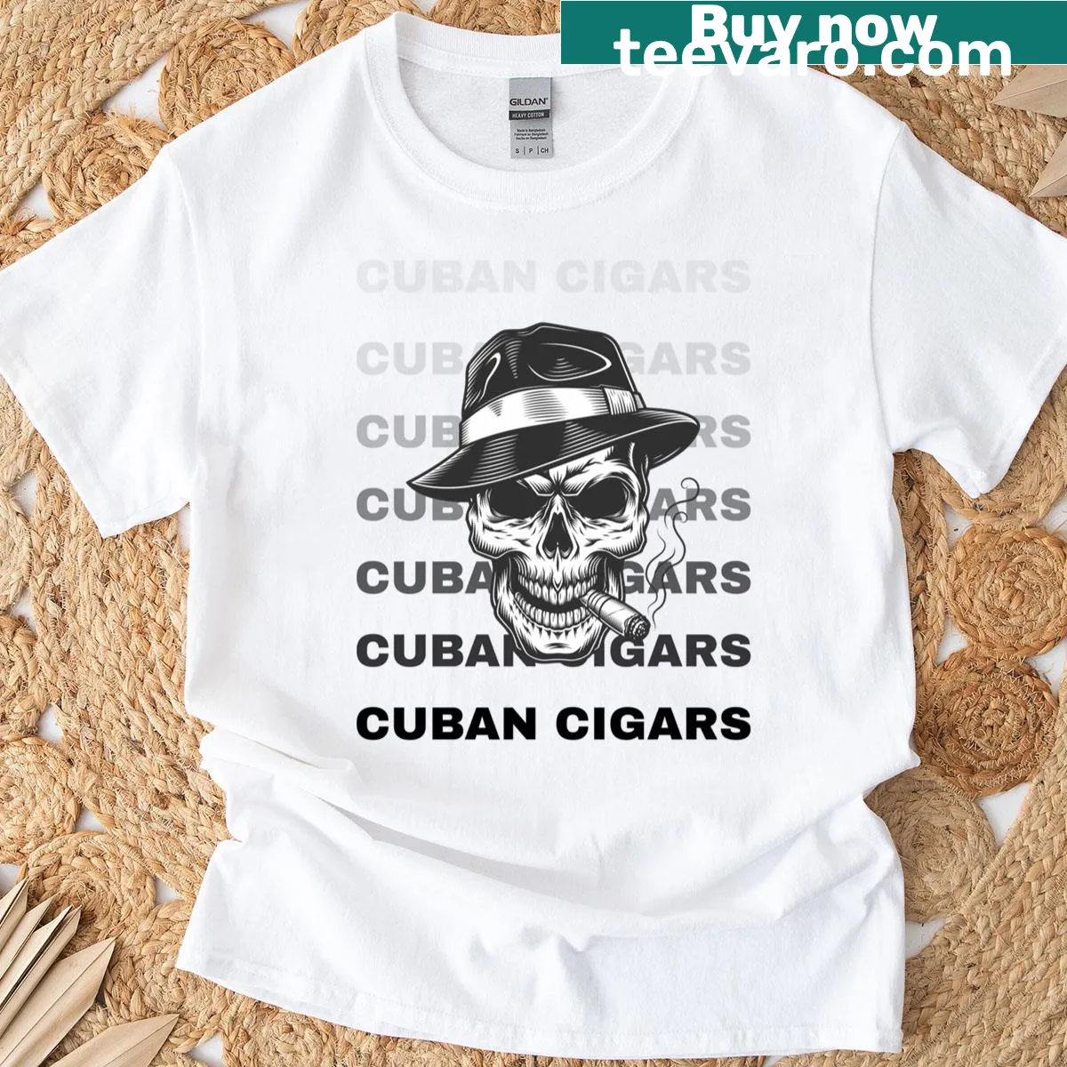 Vintage-style t-shirt featuring Cuban cigars and heritage references — on a men's t-shirt