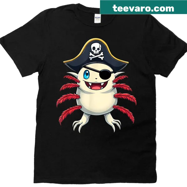 Illustration of a cute axolotl pirate with a skull and hat