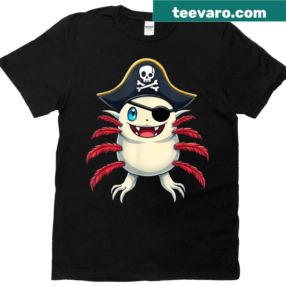 Illustration of a cute axolotl pirate with a skull and hat — on a men's t-shirt