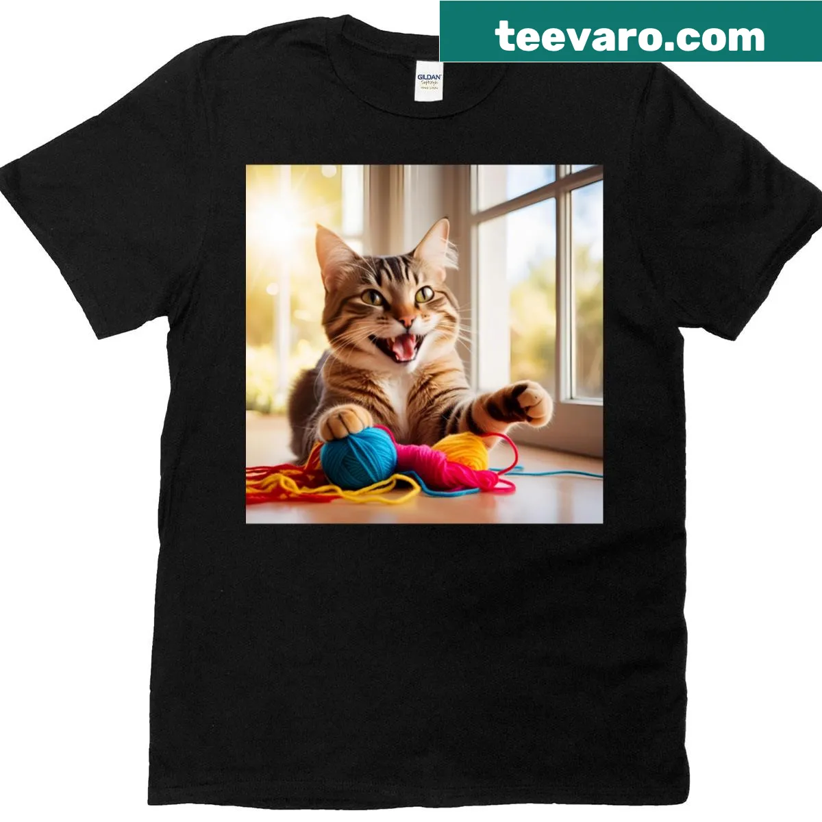 Illustration of a cat playing with wool on a cute t-shirt — on a men's t-shirt