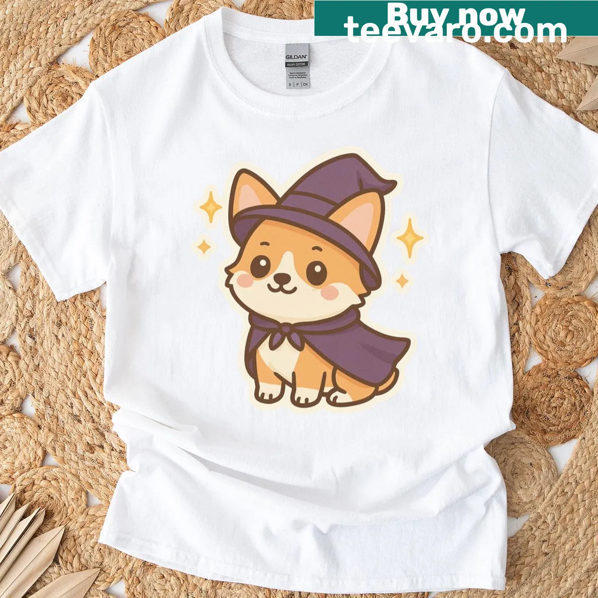 Adorable chibi puppy witch graphic T-shirt — on a men's t-shirt