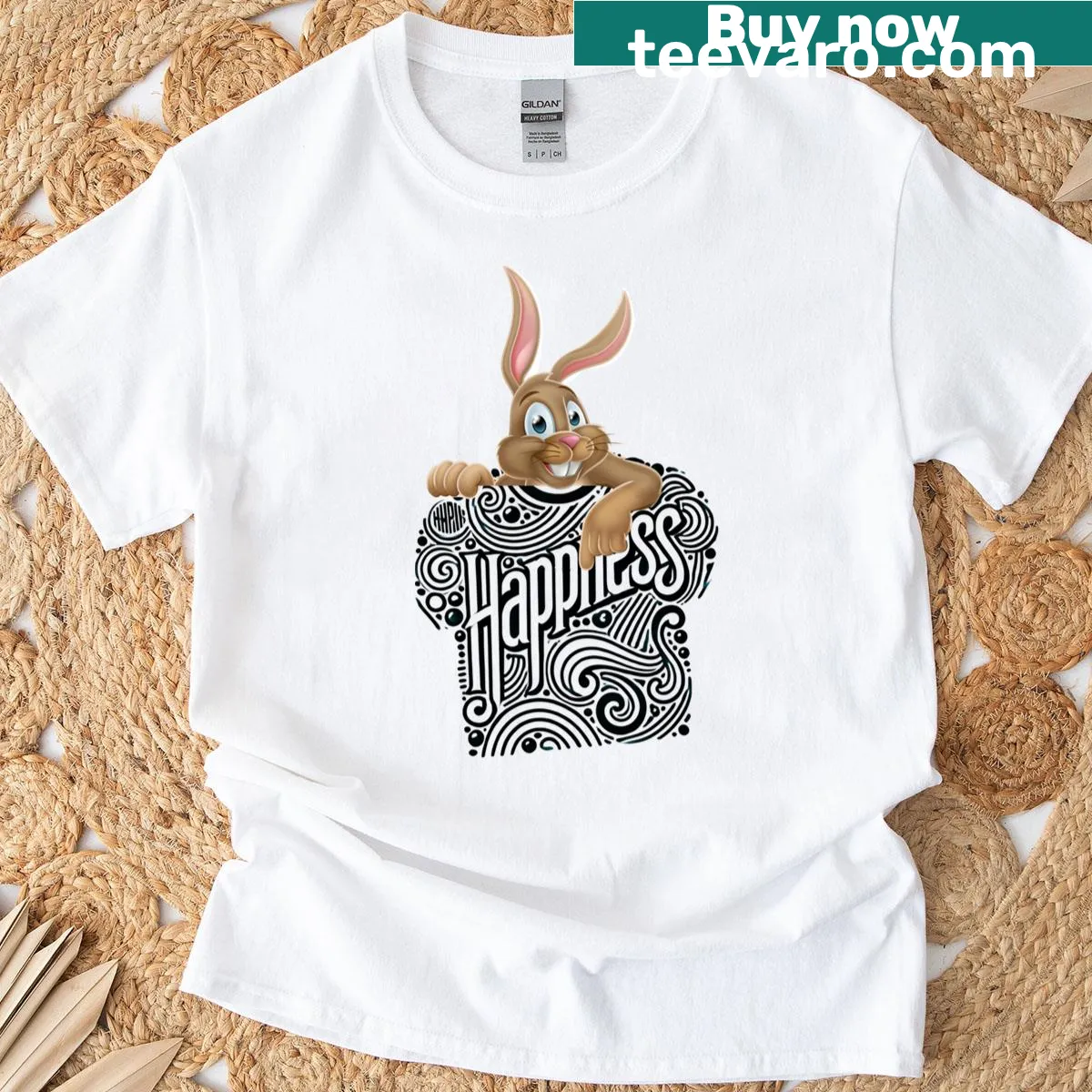 Cheerful cartoon Easter bunny graphic t-shirt — on a men's t-shirt