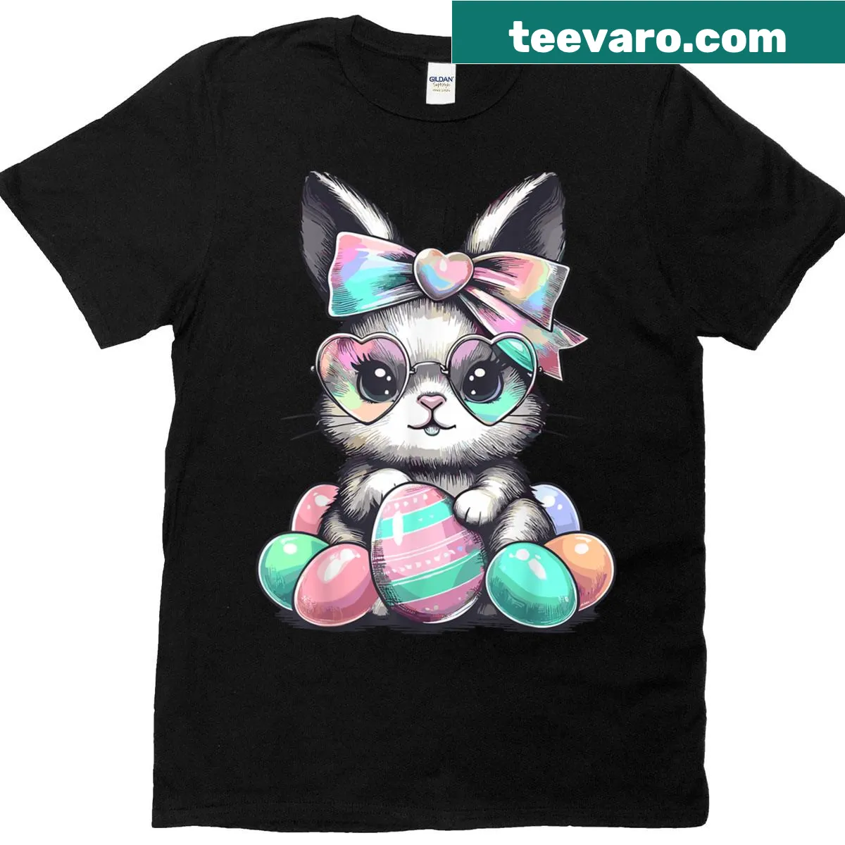 Cute rabbit face with glasses and eggs graphic on T-shirt — on a men's t-shirt