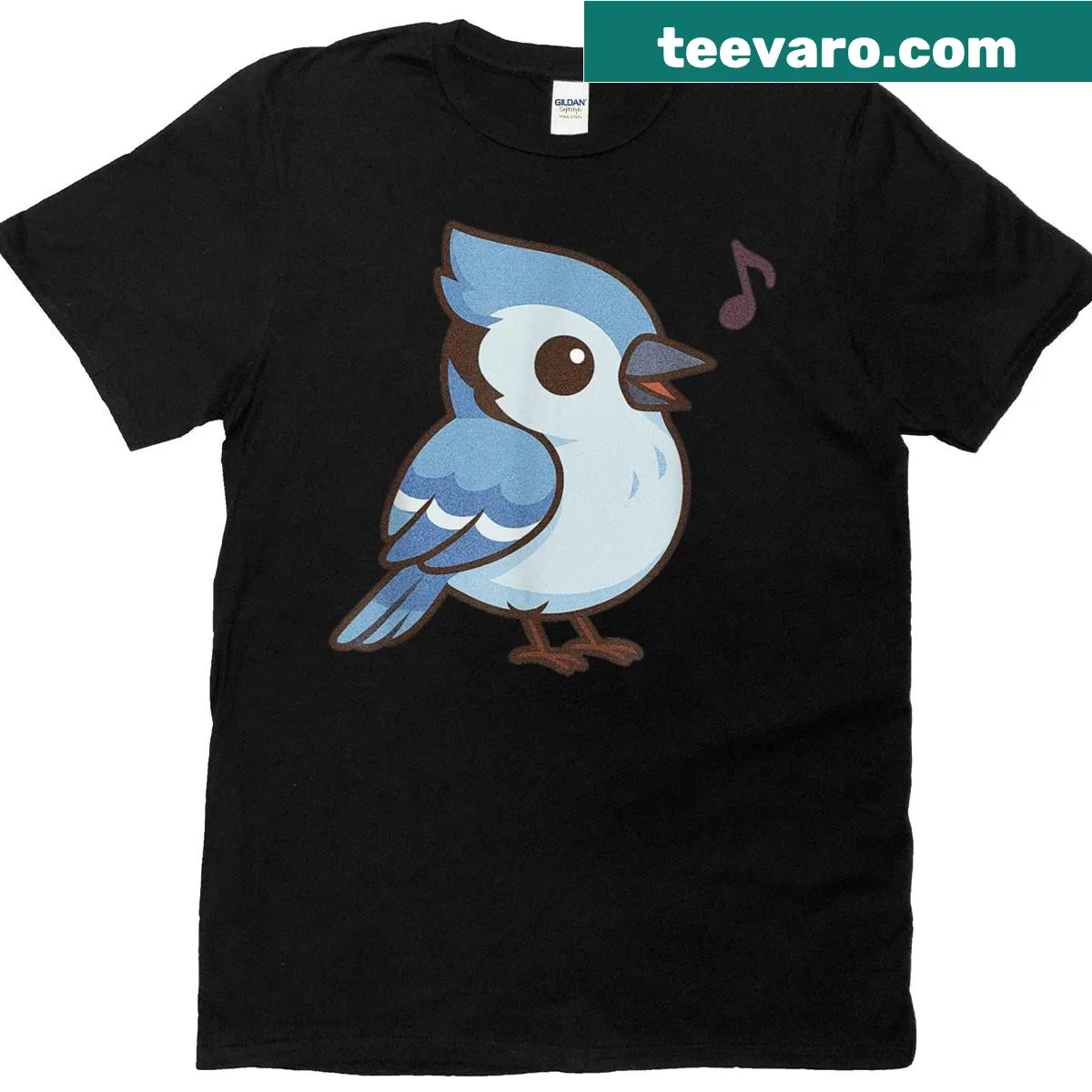 Cartoon blue jay singing illustration — on a men's t-shirt