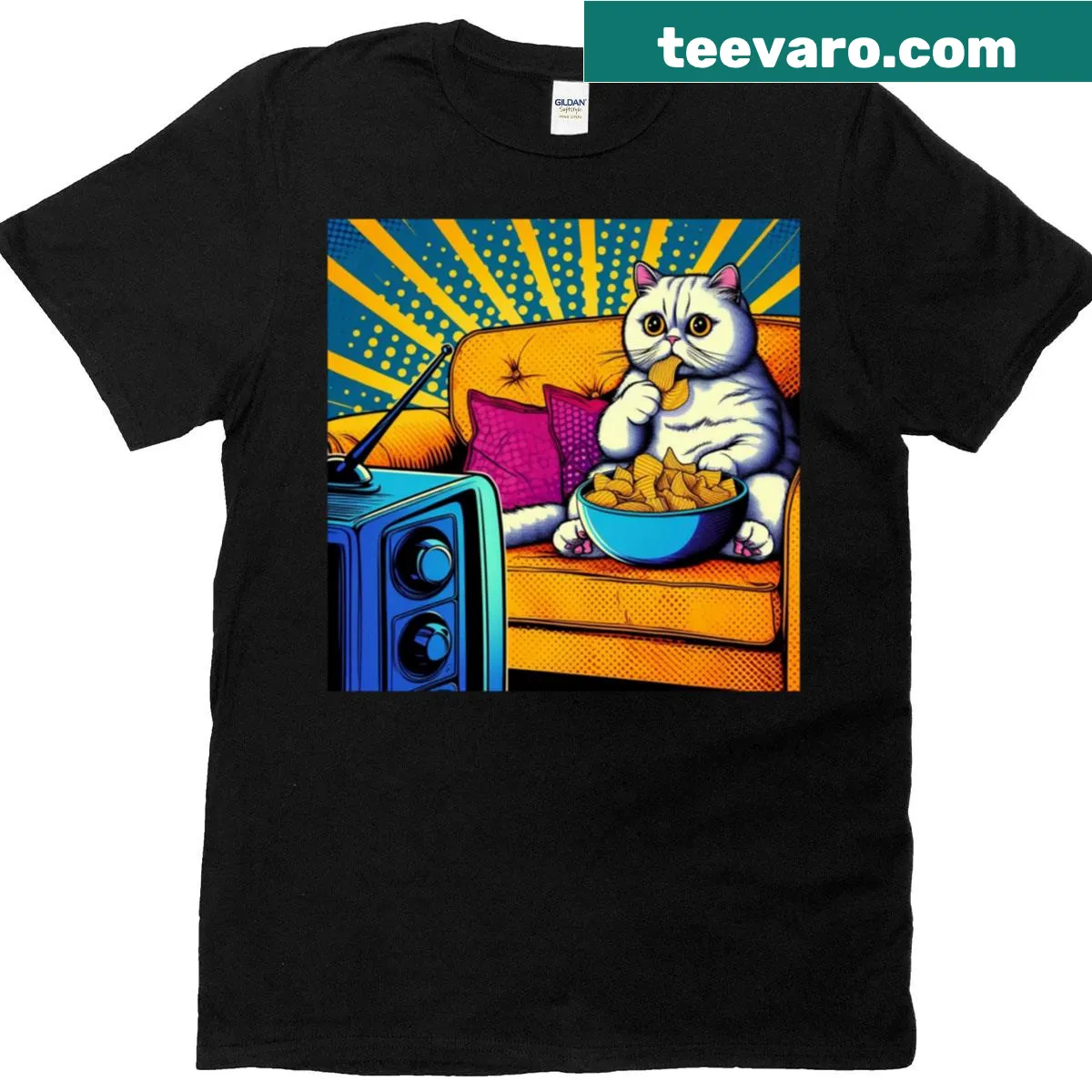 Cute white cat watching an old TV illustration — on a men's t-shirt