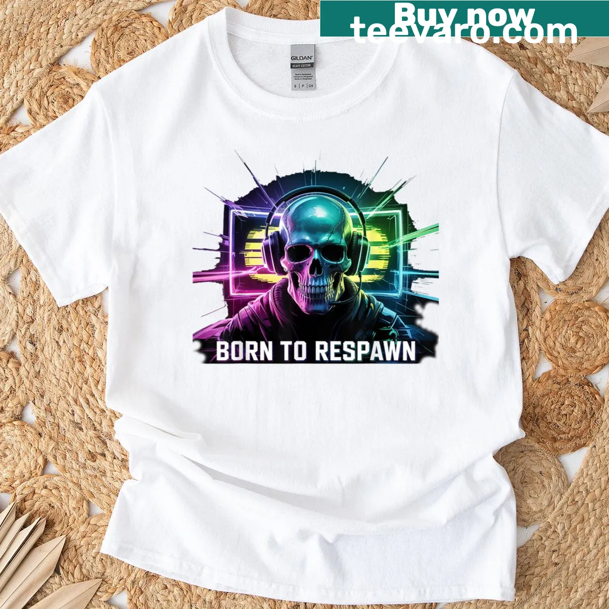Skull with RGB headphones and glitch art for gamers — on a men's t-shirt