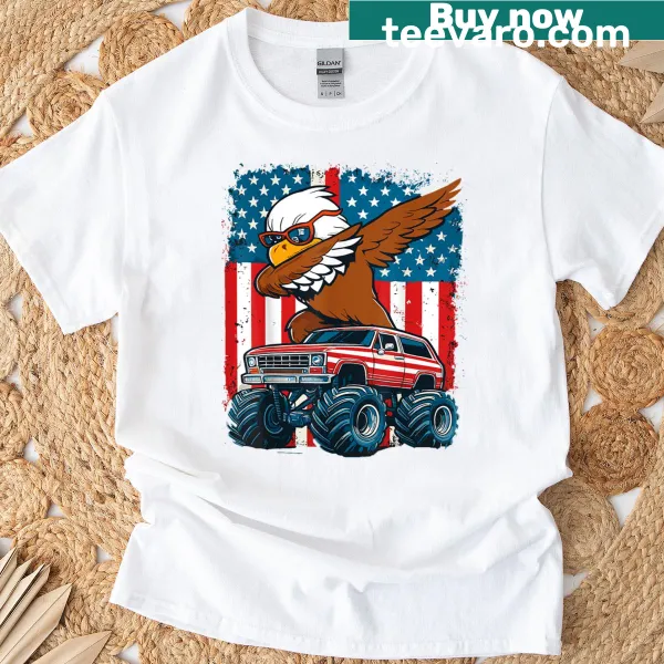 Cartoon eagle dabbing in a monster truck with American flag design