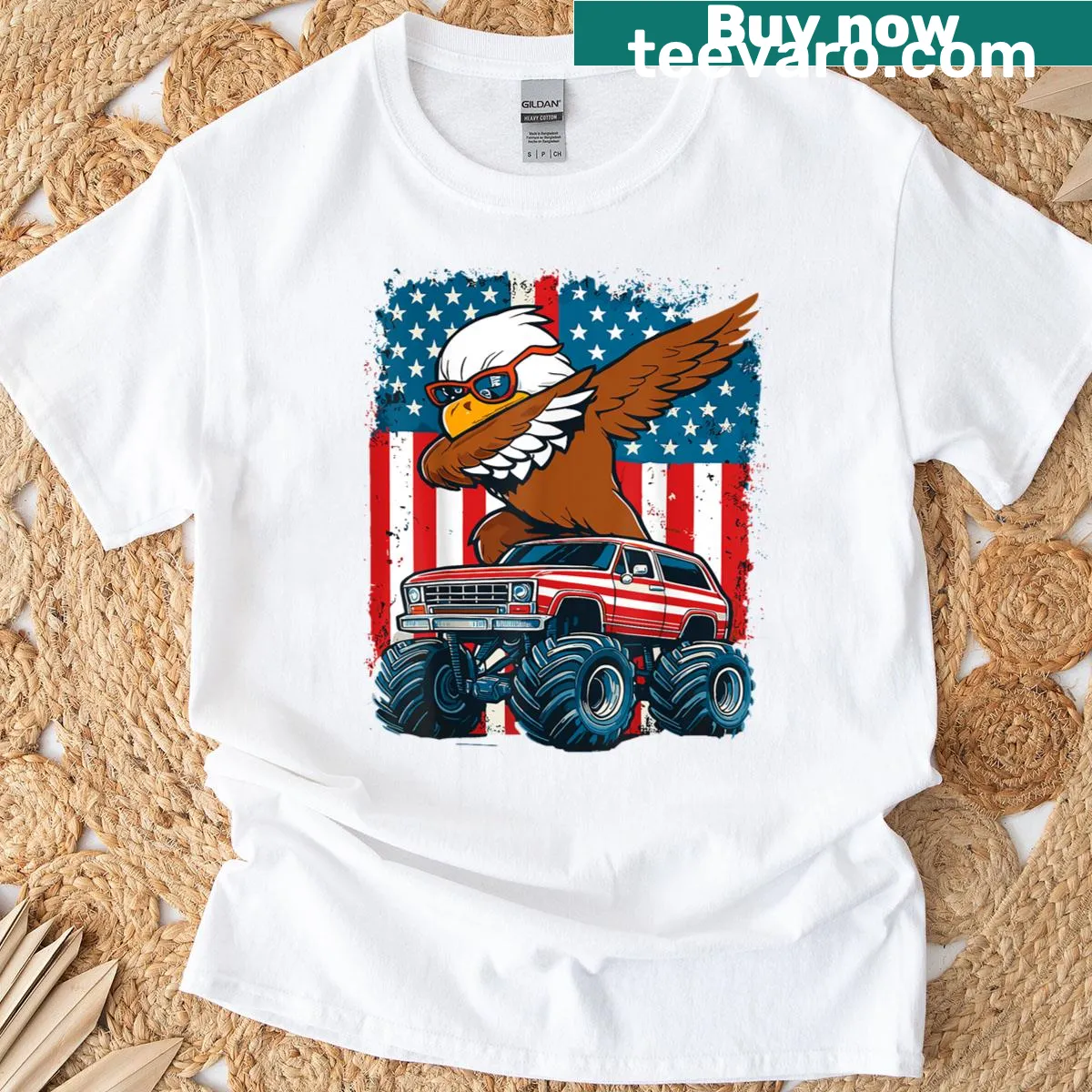 Cartoon eagle dabbing in a monster truck with American flag design — on a men's t-shirt