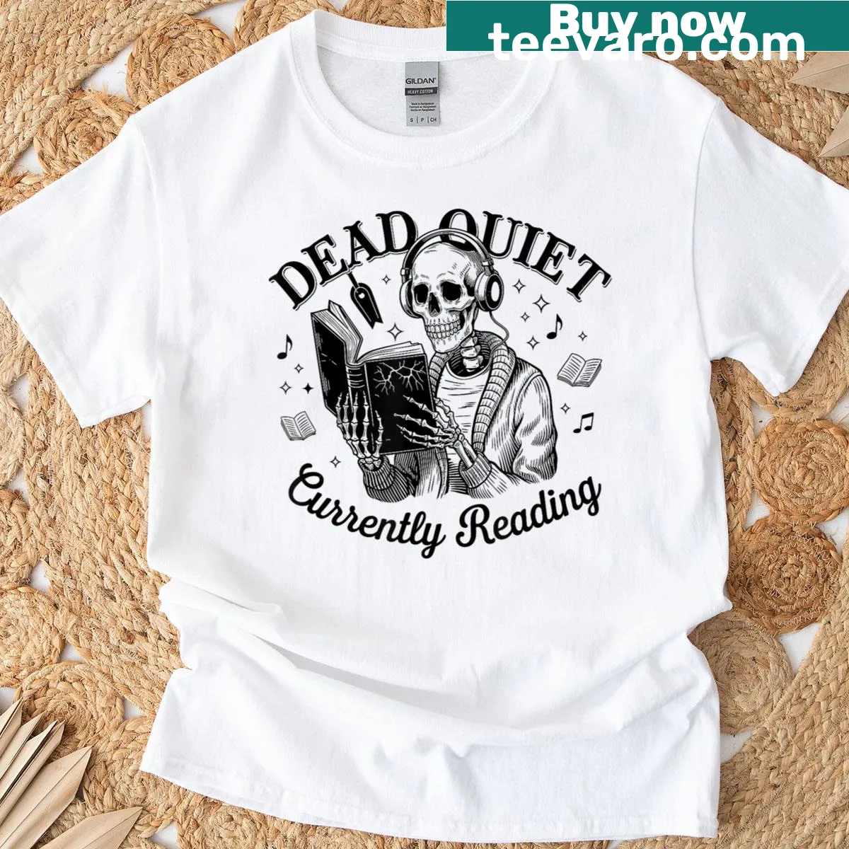 Skeleton reading a book design on t-shirt — on a men's t-shirt